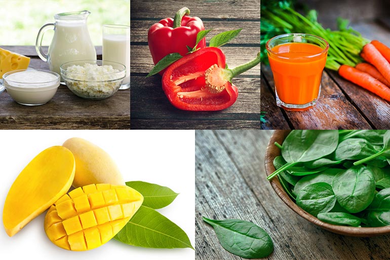 Vitamin A can be found in carrots and carrot juice, mangoes, milk, cheese, red peppers, and spinach.