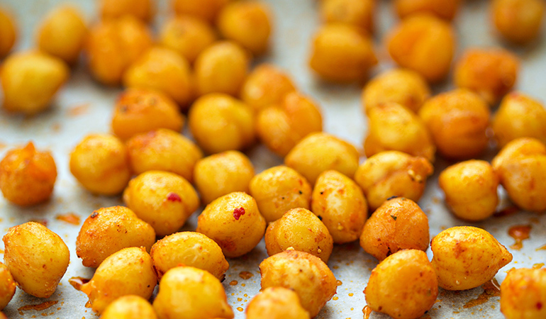 Roasted chickpeas are high in fiber and protein