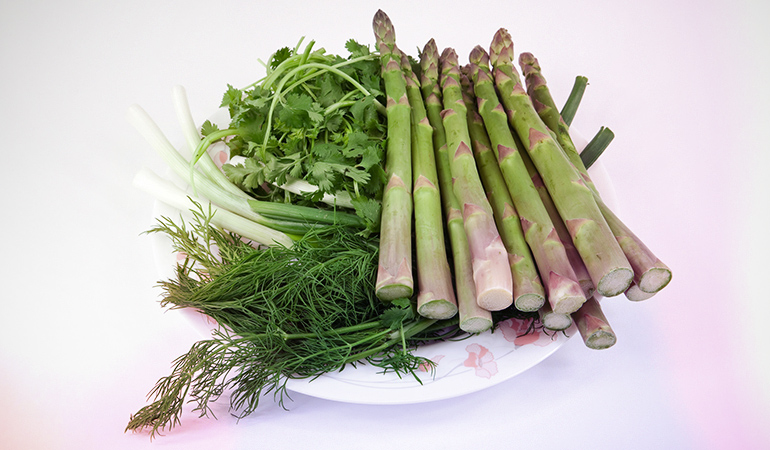 Most of the herbs can be kept in the fridge and is the same with asparagus.