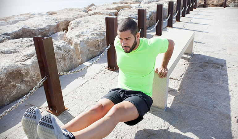 Bench dips strengthen tricep muscles.