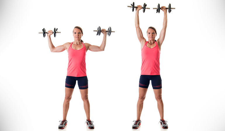 Overhead press strengthens biceps and triceps.