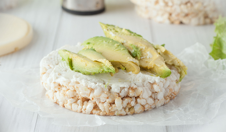 Rice cakes and avocado boost energy.