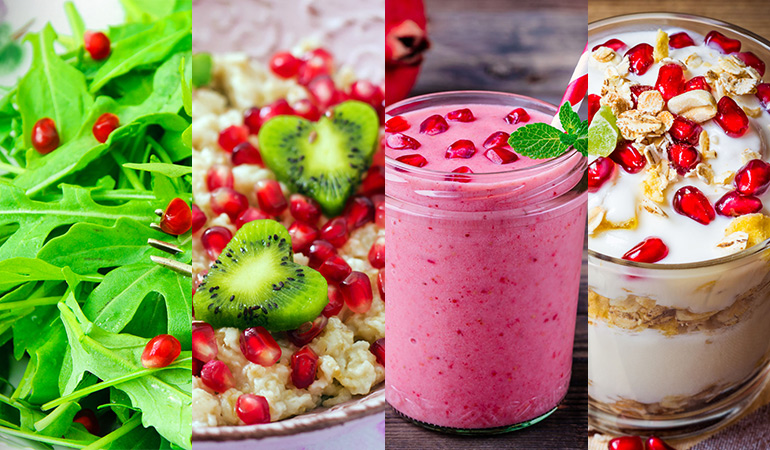 Pomegranates can be included in one's diet through salads, juices, and smoothies.