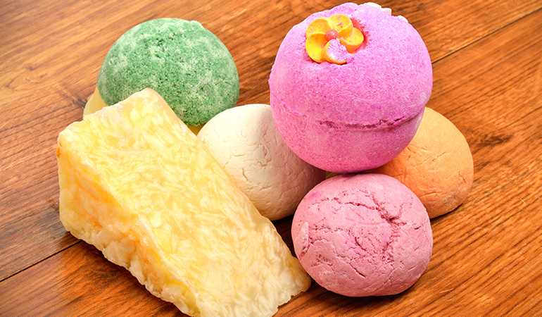 Bath bombs, bath salts, and essential oil blends can be prepared at home.