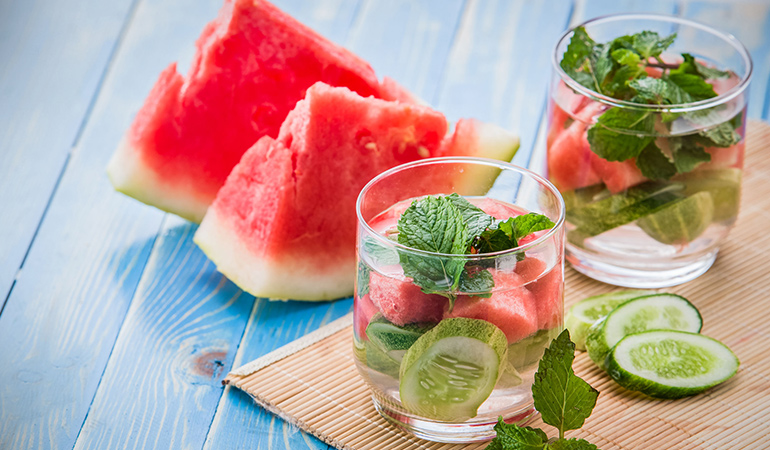 Mint, watermelon, and cucumber make a great combination for a detox drink to treat acne