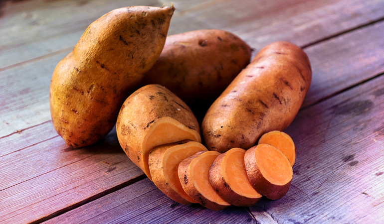 One baked sweet potato with skin has 1403 mcg RAE of vitamin A,.