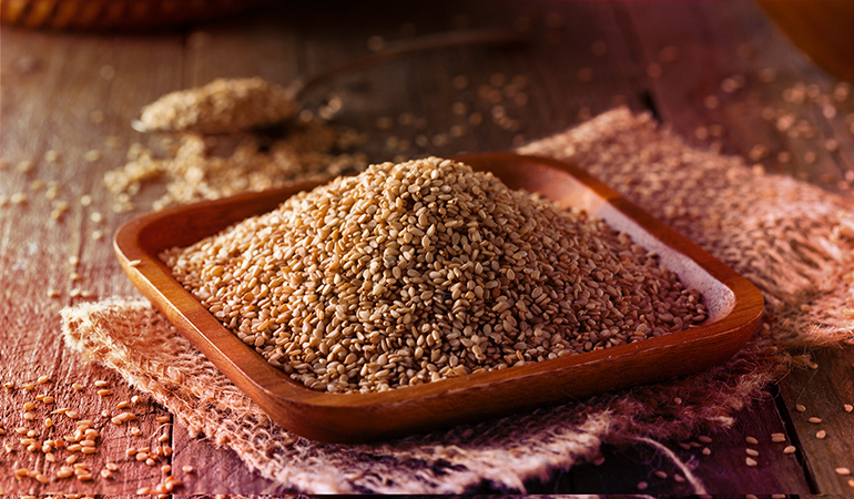 An ounce of toasted sesame seeds has 0.23 mg or 19.2% DV of thiamine.